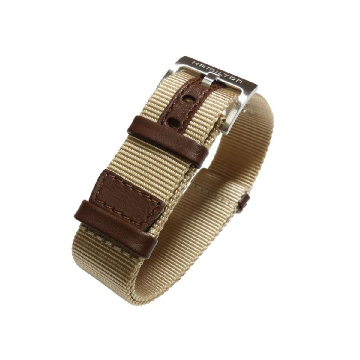 Hamilton Khaki Field H690694103 textile NATO-style watch strap shown folded with steel buckle detail
