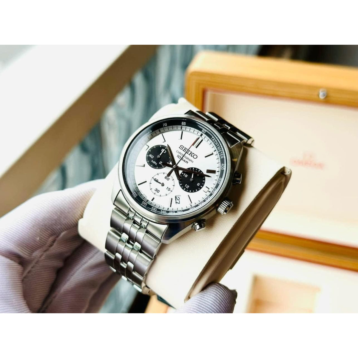 Seiko Essentials SSB425P1 white dial chronograph with black sub-dials and steel bracelet presented inside its official box