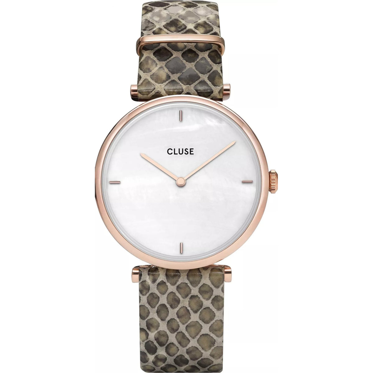 CLUSE ladies rose gold watch with white dial and olive snakeskin leather strap