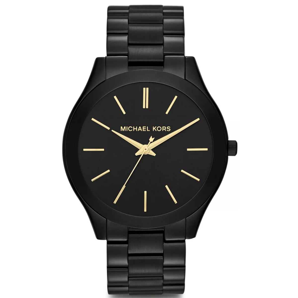 Women’s black dial slim stainless watch with gold-tone hands, markers, and MK logo