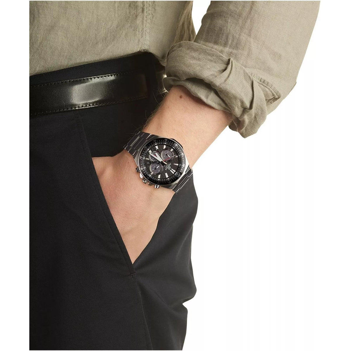 Men’s solar chronograph watch with stainless steel bracelet, black dial and blue bezel detail