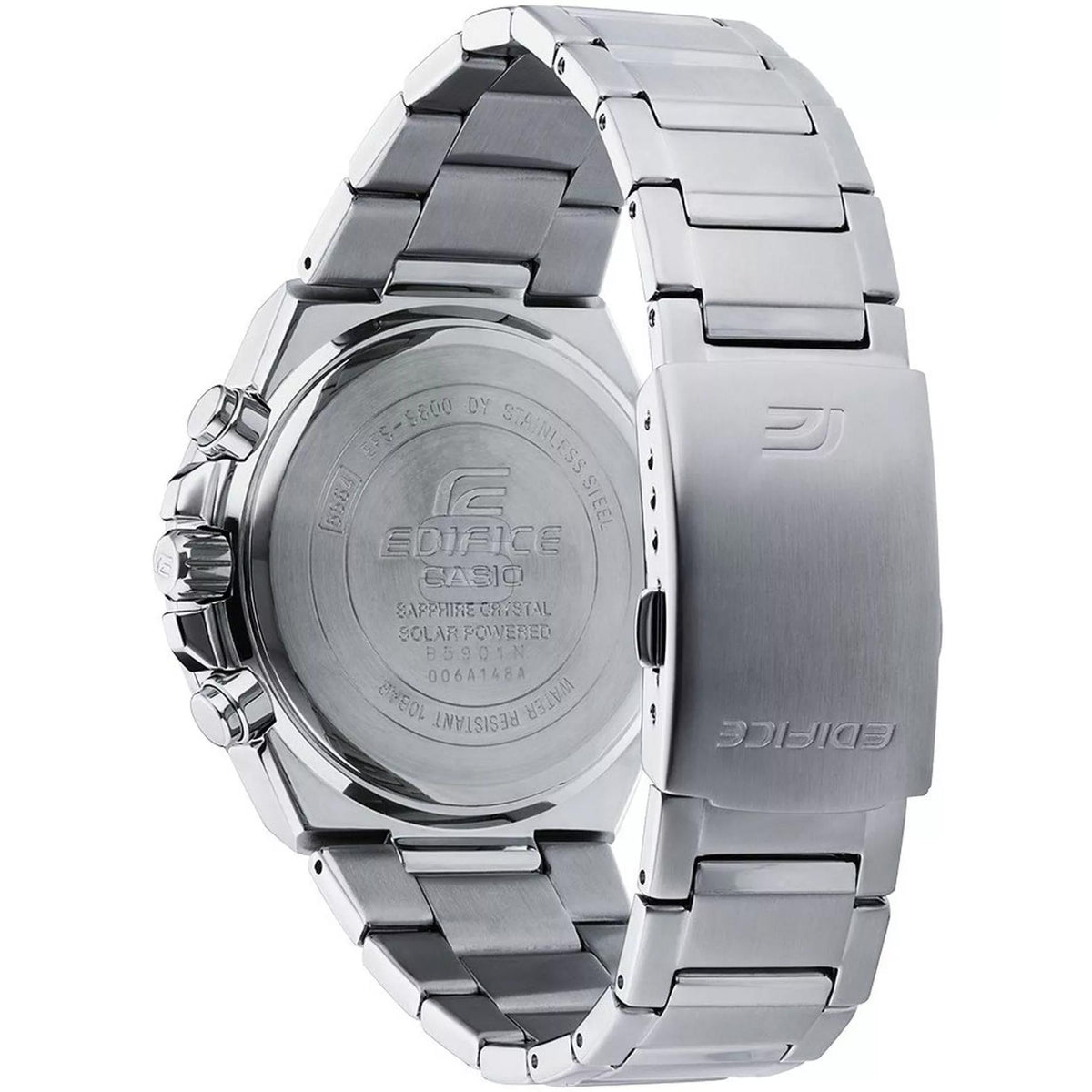 Back of men’s stainless steel solar watch case with engraved caseback and bracelet links