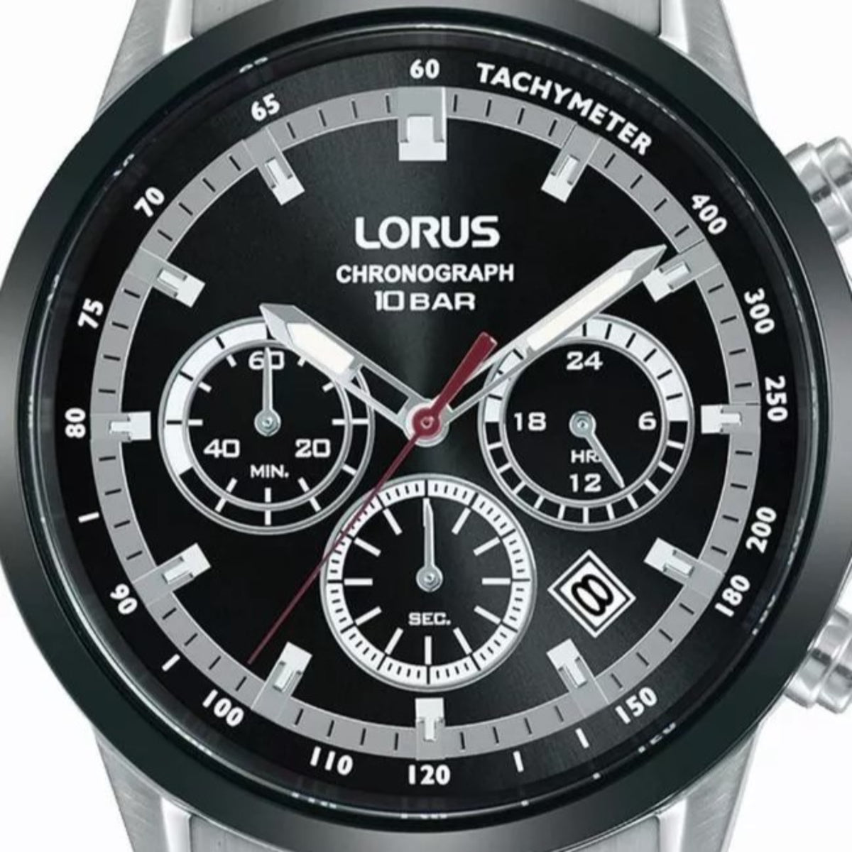 Men's steel chronograph watch with black tachymeter dial and subdials