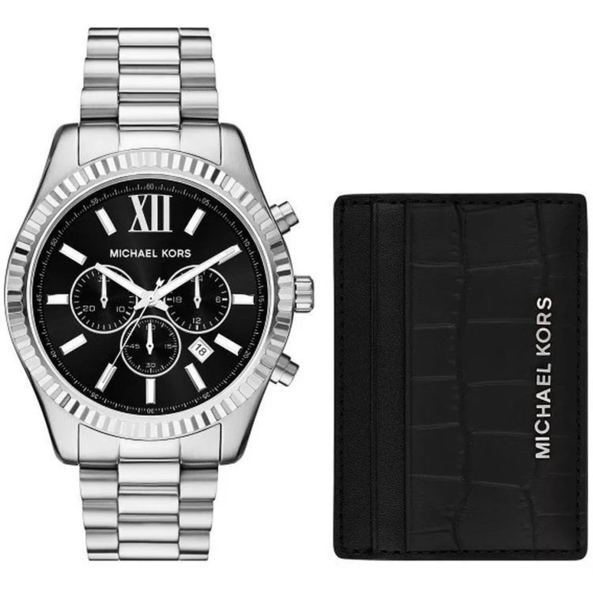 Stainless steel chronograph watch with black dial and black leather card case