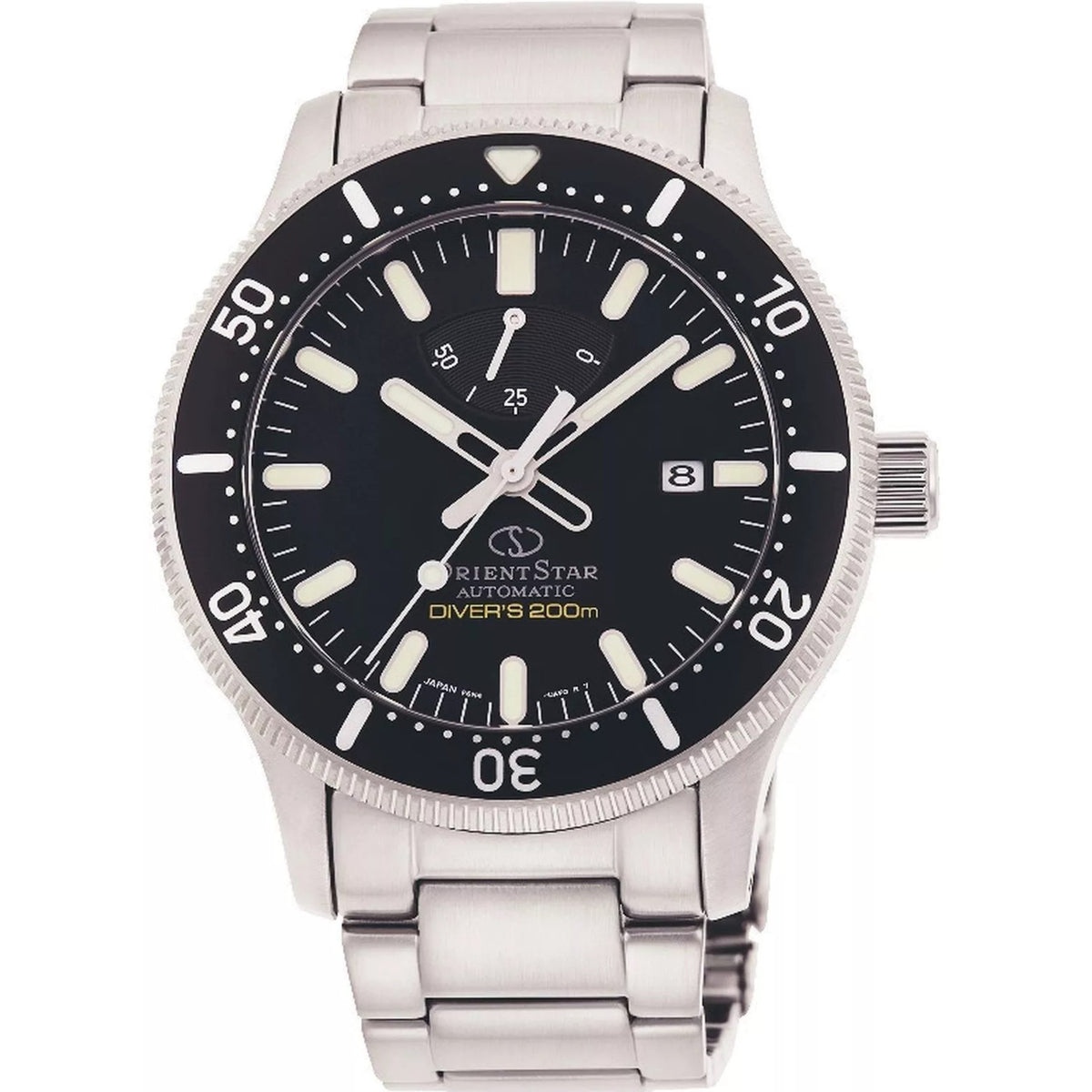 Steel automatic dive watch with black dial, luminous markers, and silver hands