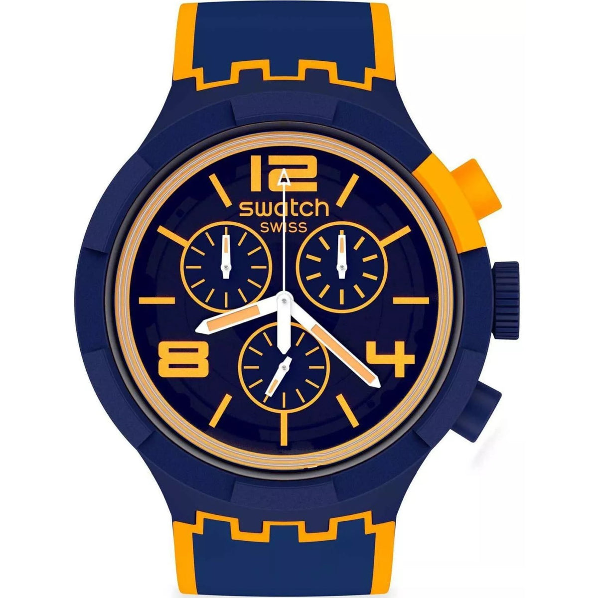 Men's quartz wristwatch with blue silicone strap, orange bezel ring, blue dial with subdials
