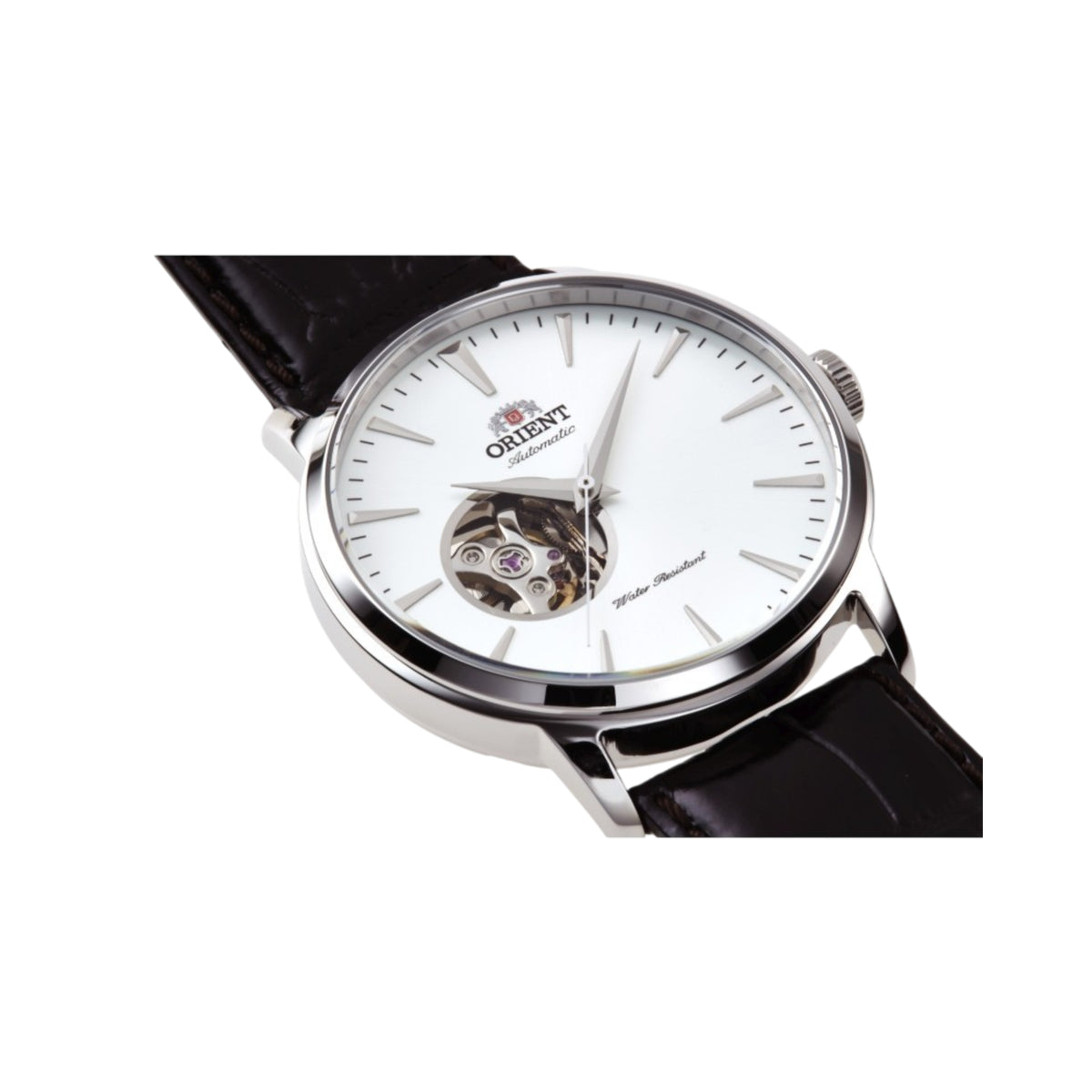 Orient automatic watch with white dial, open-heart display, and black leather strap