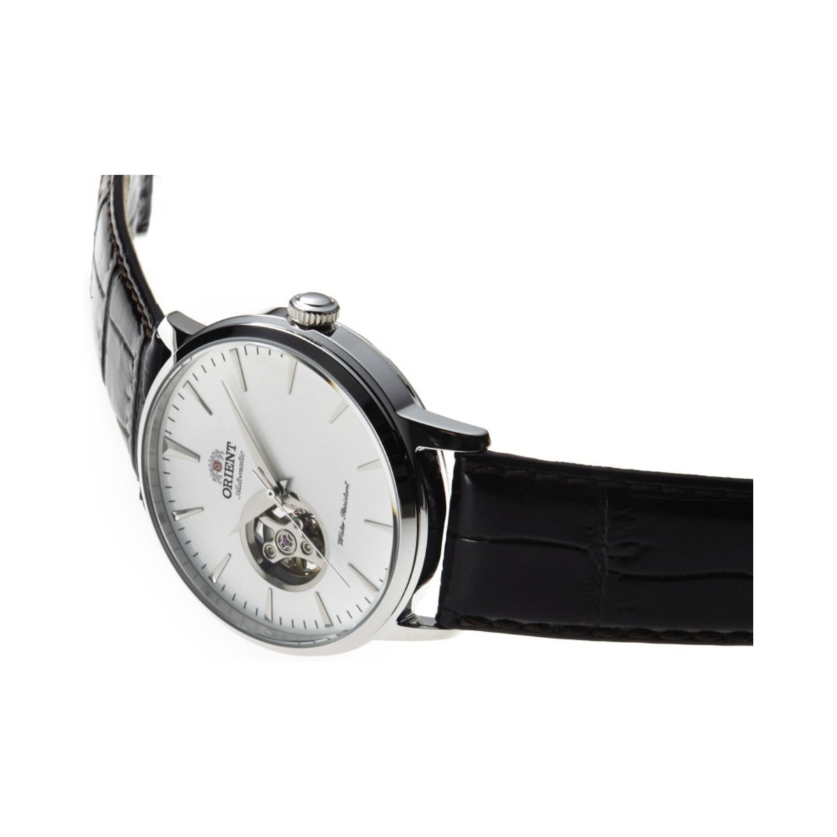 Men's Orient automatic watch with white dial, open-heart window, and black leather band