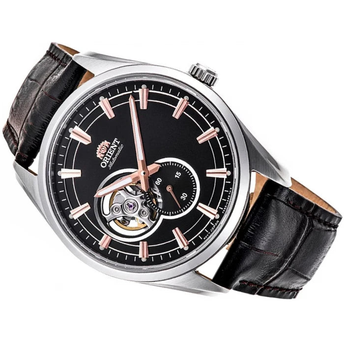 Men's automatic semi-skeleton watch with black dial and black leather strap, 41mm case
