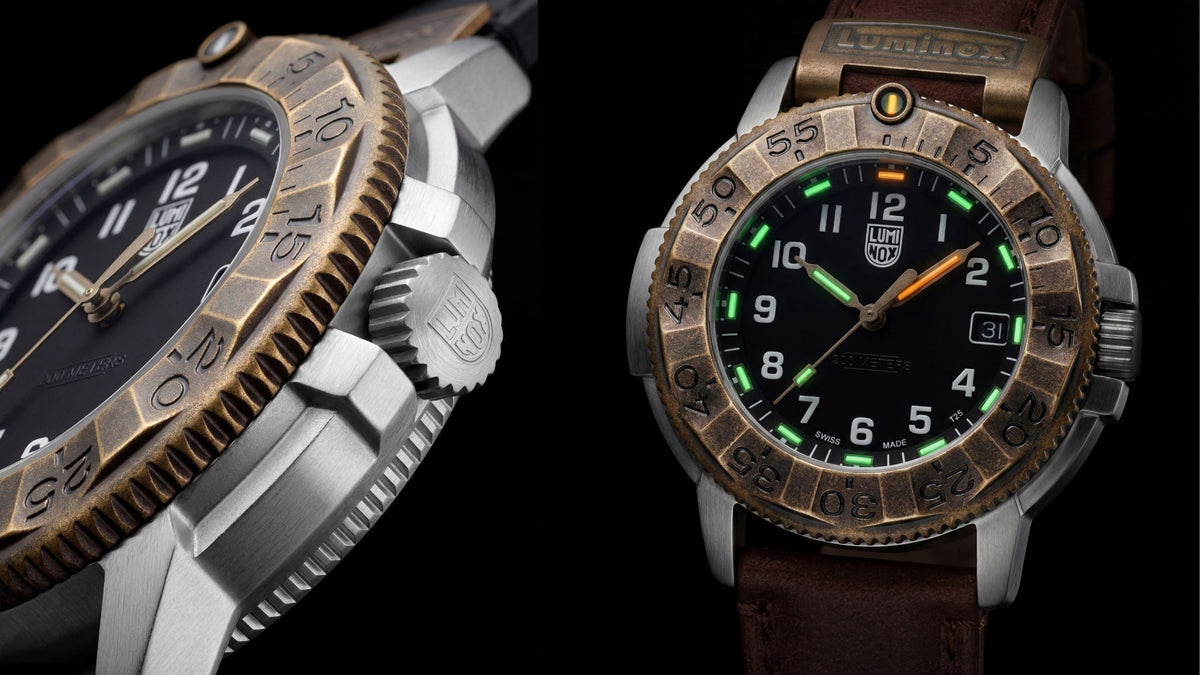 Two Luminox Adventure watch on a black background, showcasing an angled close-up of the textured bronze bezel and engraved crown on the left, and a front view highlighting the bright green and orange luminescent dial indicators on the right