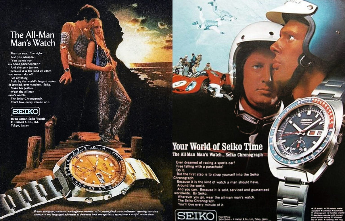 Seiko’s legacy of innovation showcased through vintage chronograph watch advertisements.