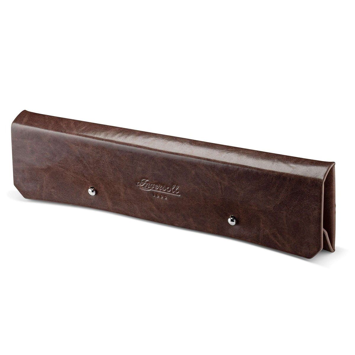 Brown leather watch strap laid in presentation box, with metal snap buttons