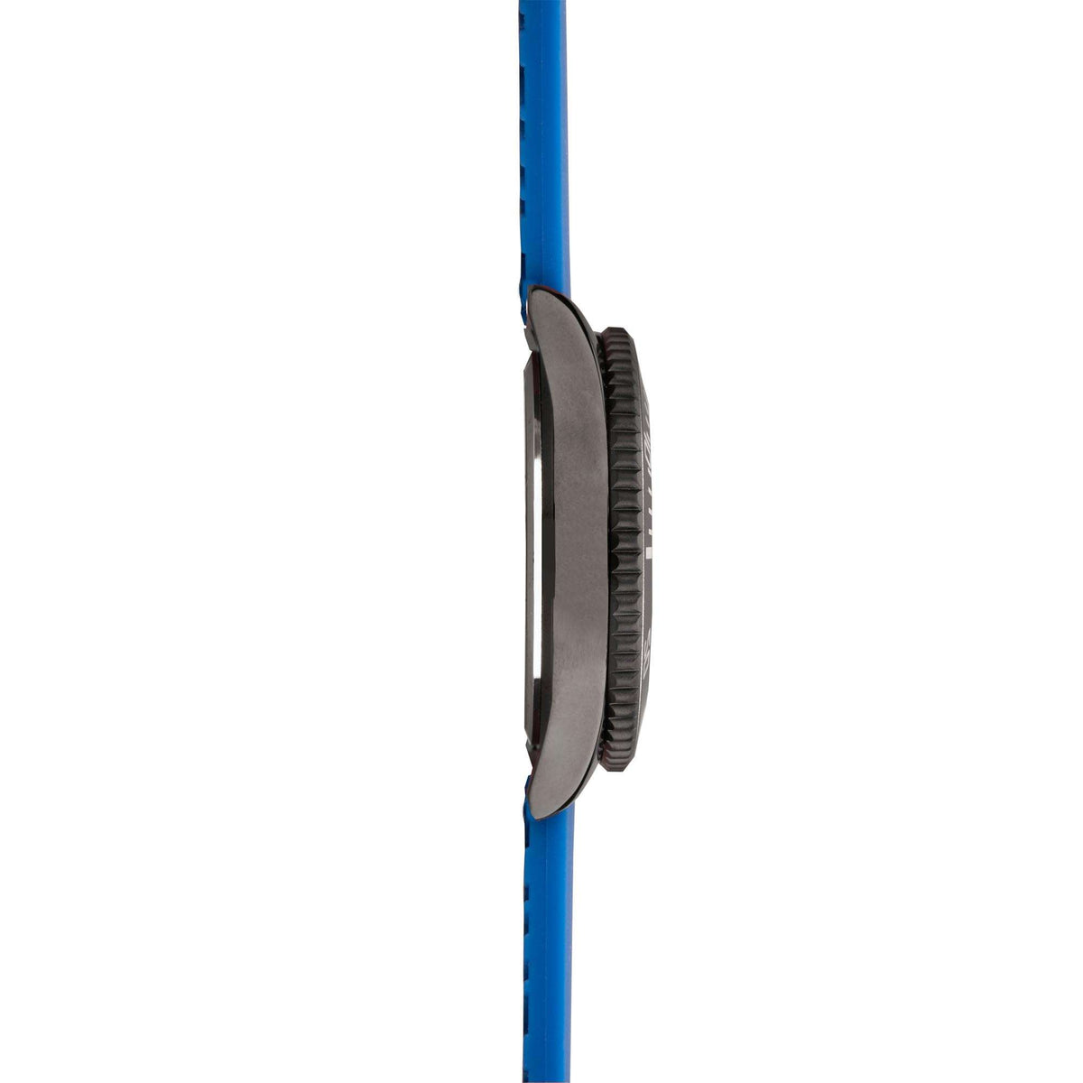 Blue rubber watch strap with black ridged case side view