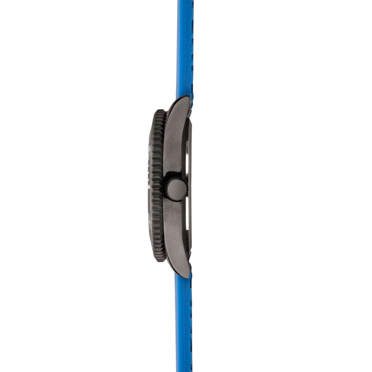 Blue rubber watch strap with black case profile and crown side detail