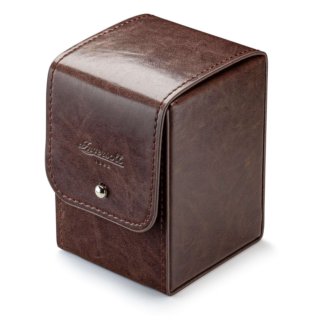 Brown leather watch pouch with stitched flap, embossed name, and round snap