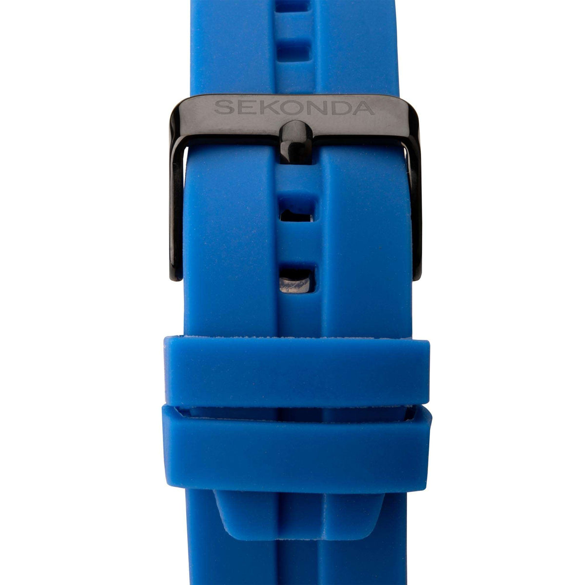 Blue rubber watch strap with black clasp and adjustable holes
