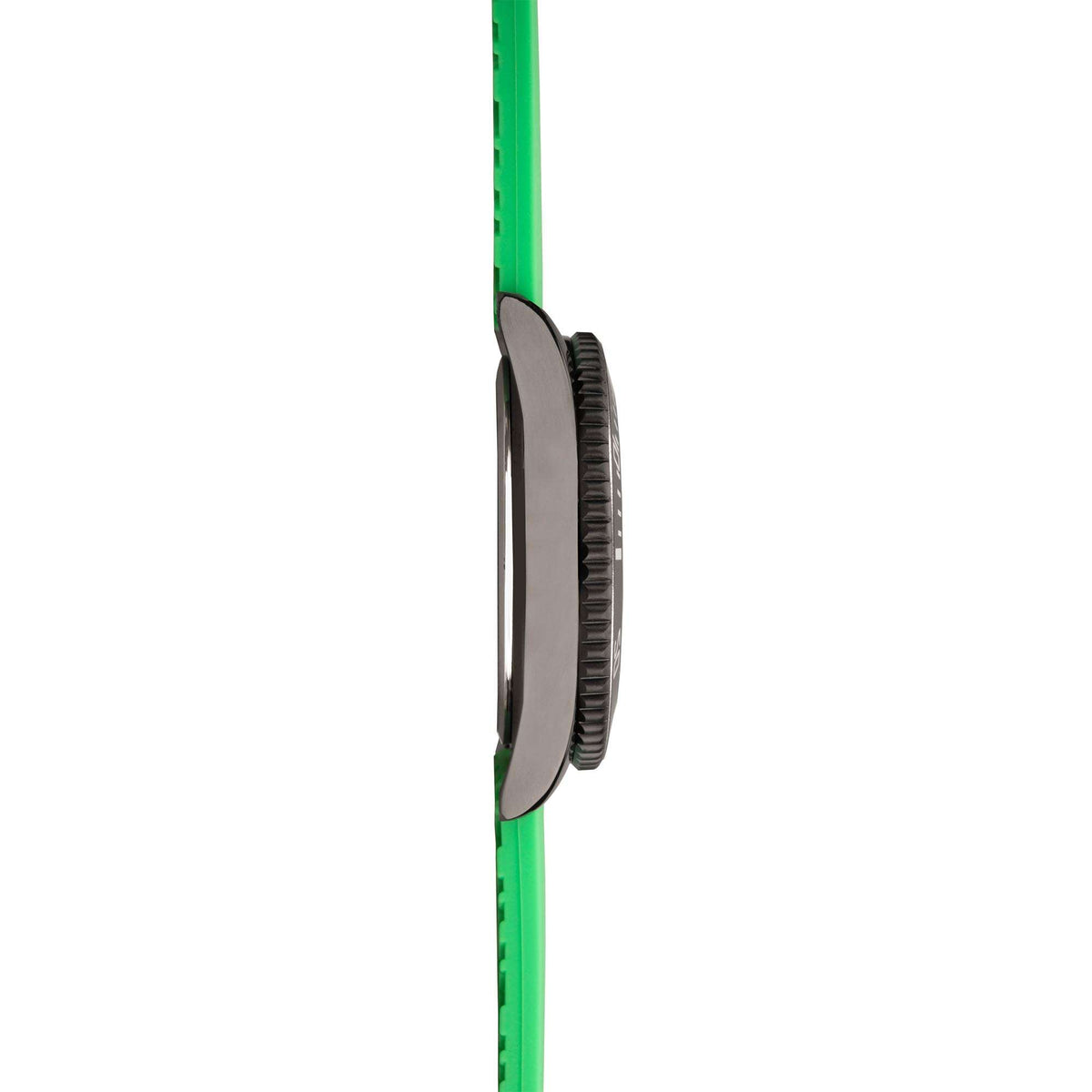 Men's dive-style watch case with green rubber strap, crown side view