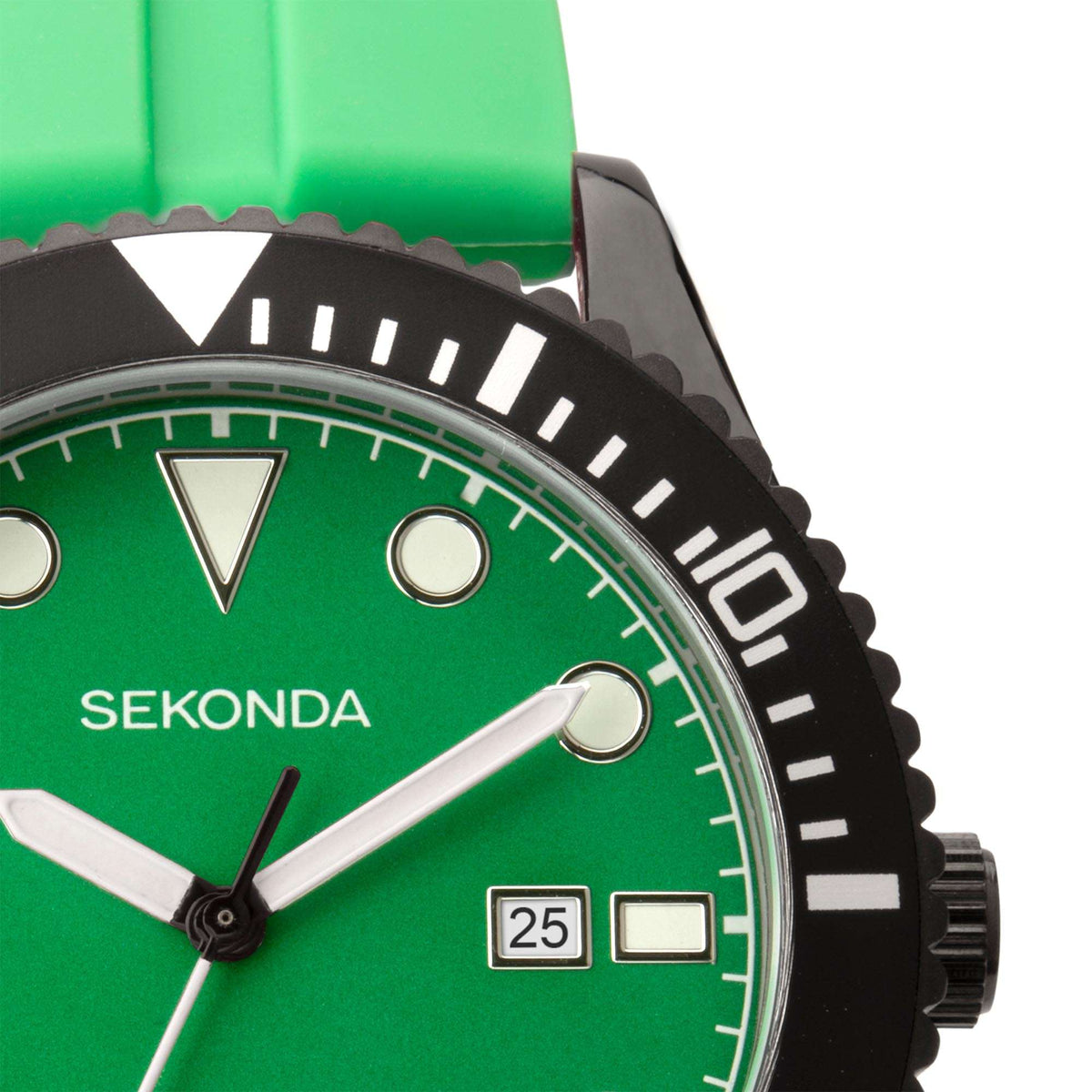 Men's dive-style watch dial in green with minute markers and date window at 25