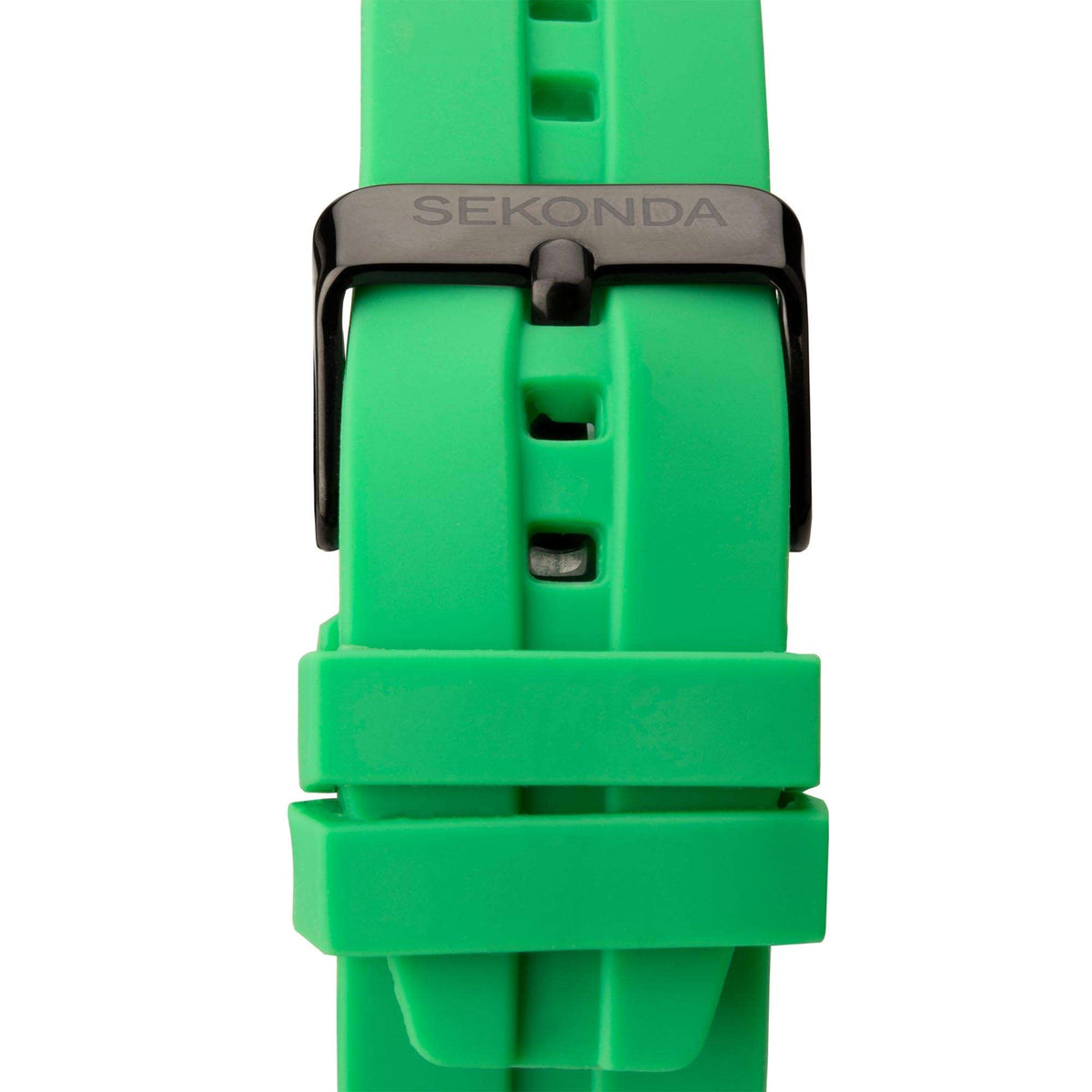 Men's watch buckle and clasp on green rubber strap with black strap backing