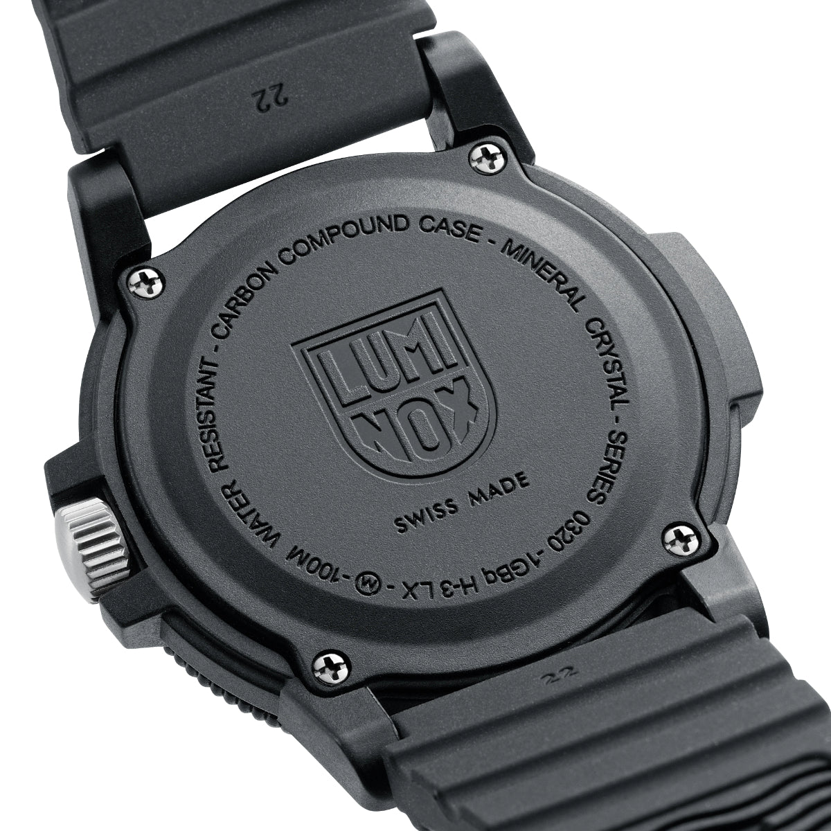 Carbon case back of men’s black watch with engraved text and black strap