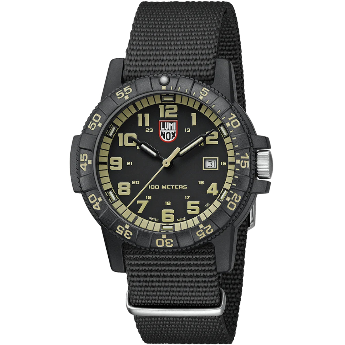 Angled shot of the Luminox Leatherback Sea Turtle XS.0333 showing the CARBONOX case detail and NATO strap