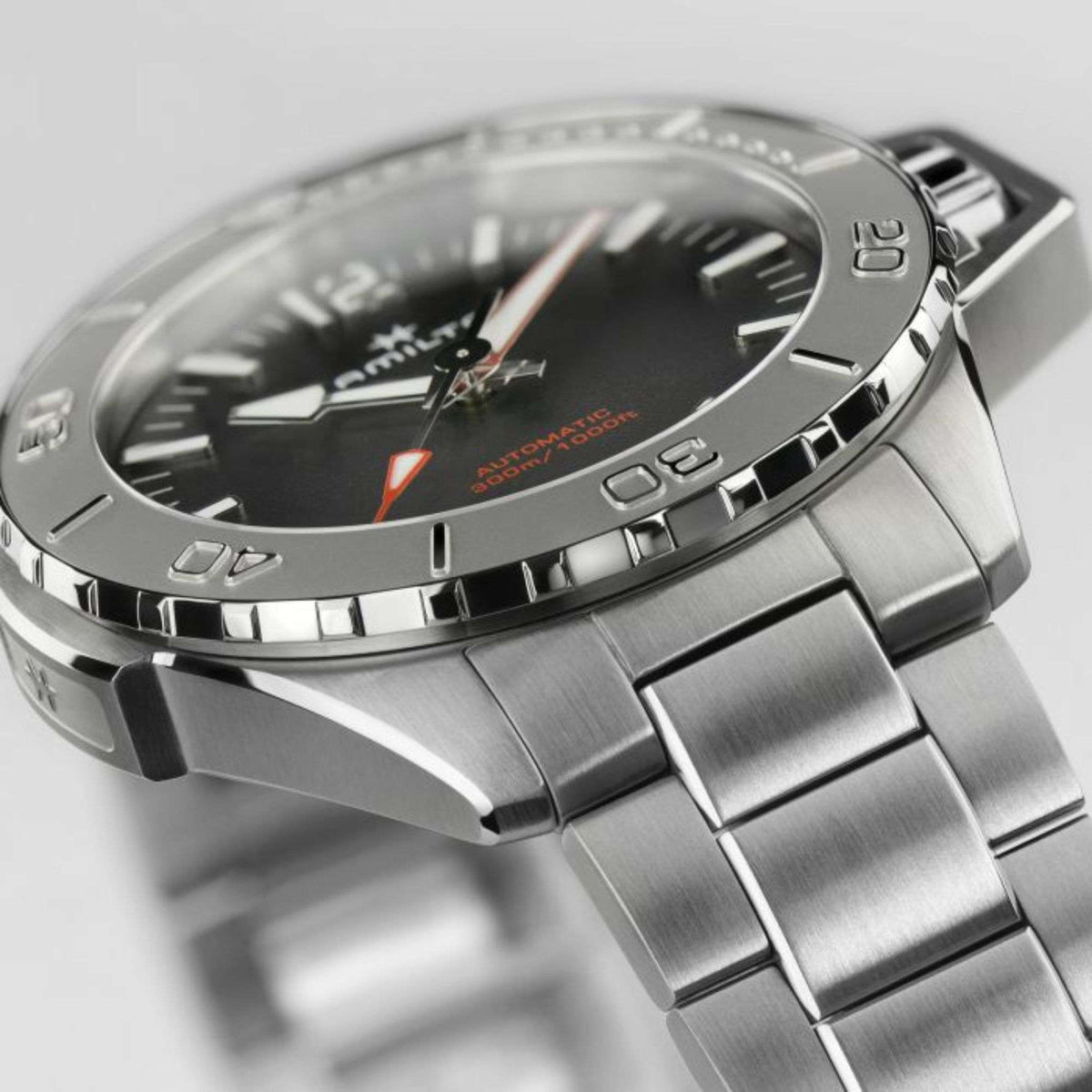 Hamilton men’s automatic watch, black dial with baton markers, steel case and bracelet