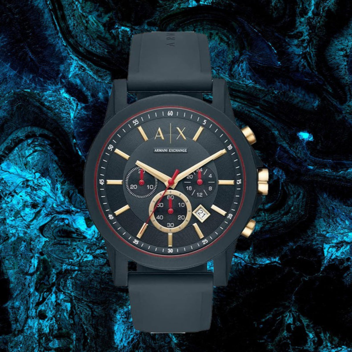 Armani Exchange chronograph watch with gold accents, red hand details, and a durable black silicone strap