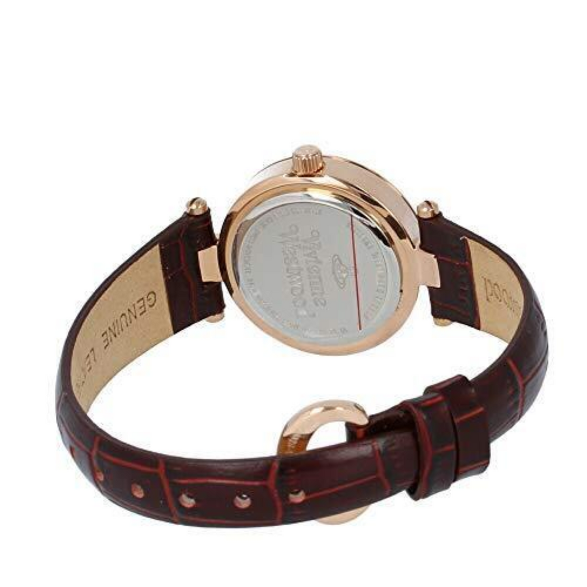 Women's quartz watch with brown leather strap and rose-gold case, visible dial back