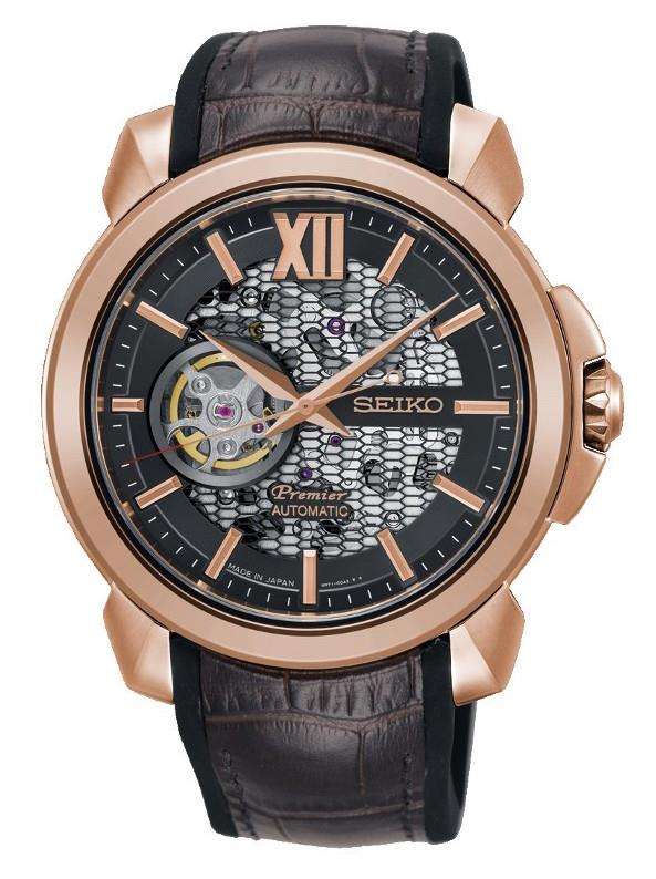 Men's Seiko Premier watch with black dial, rose-gold case, leather strap, automatic movement.