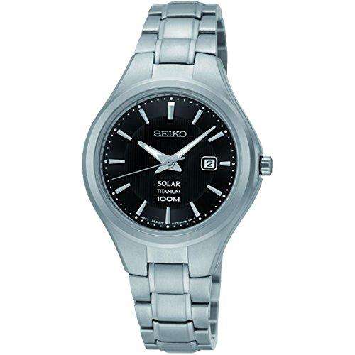 Seiko unisex quartz watch, black dial, silver stainless steel bracelet, solar 100m
