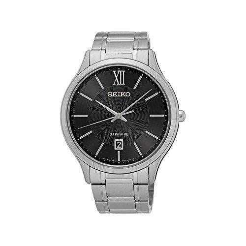 Men's Seiko quartz watch with black dial, Roman numerals, stainless steel bracelet
