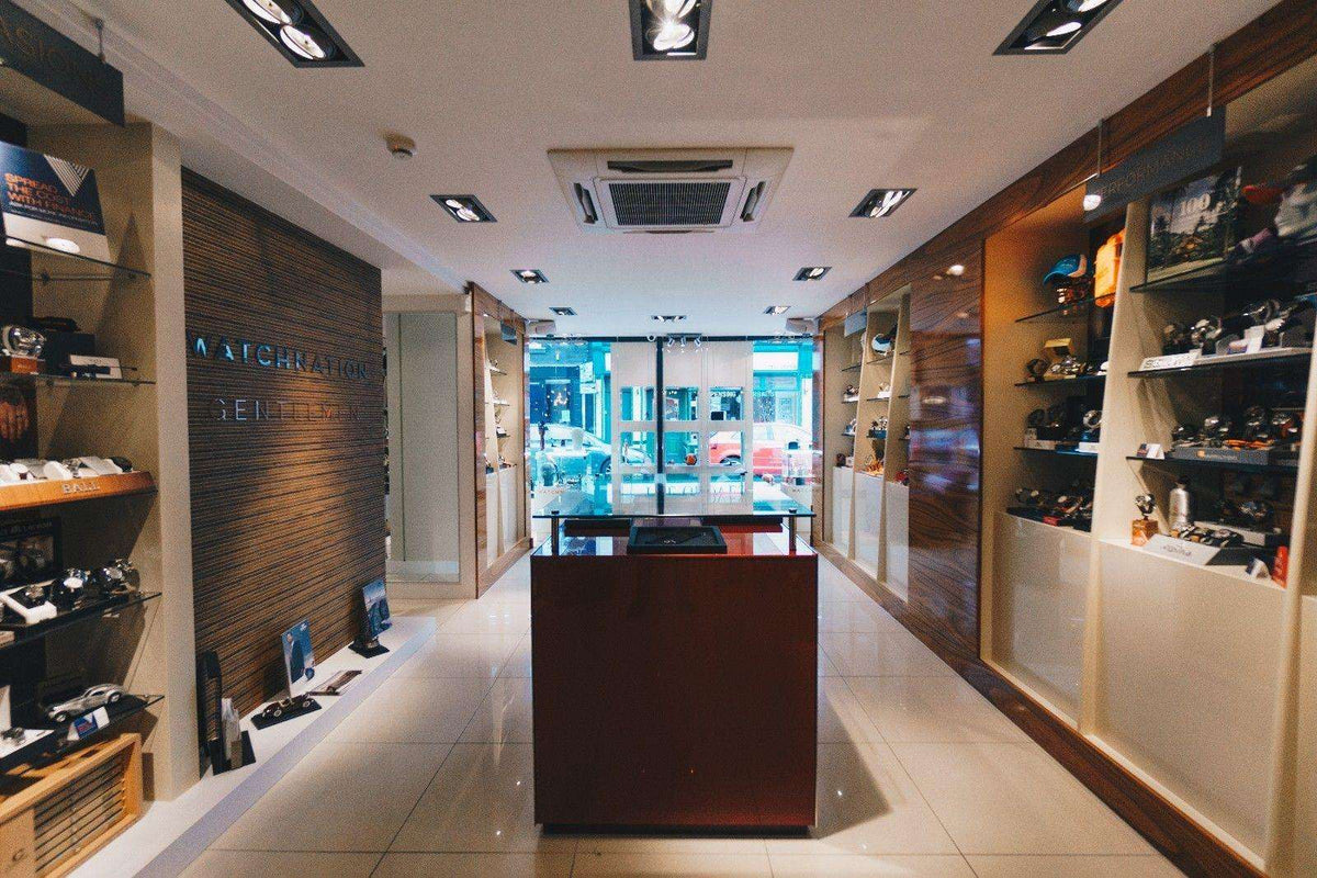 Seiko watch shop interior with display cases and shelving