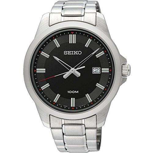 Stainless steel men's watch with black dial, silver bracelet, and date window