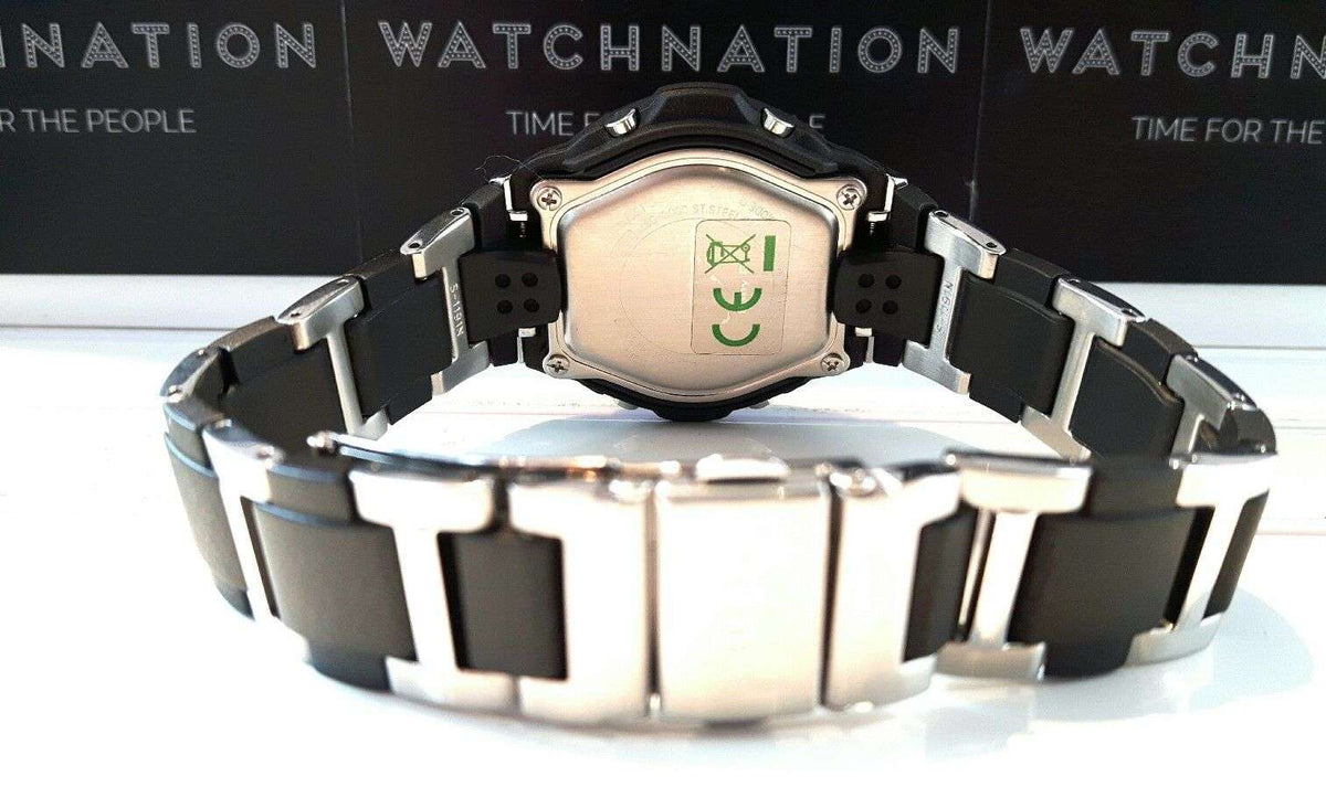 Baby-G women's wristwatch top view, silver metal band with black strap sections