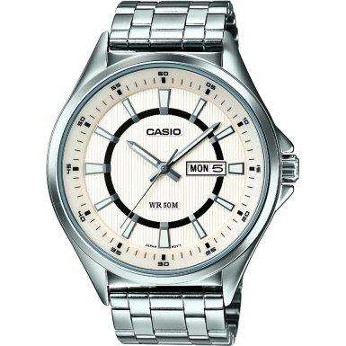 Silver analog quartz watch with cream dial, day/date window, and metal bracelet