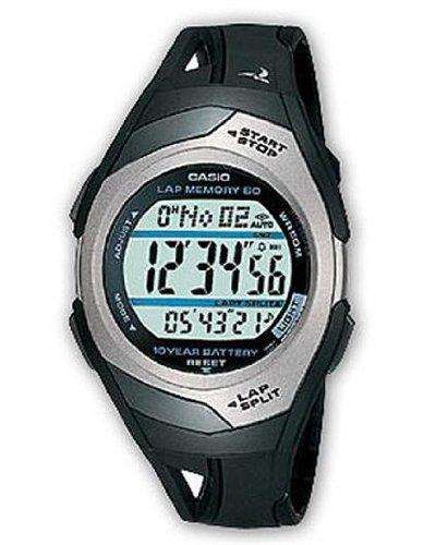 Men's digital sports watch with black resin strap and round LCD display