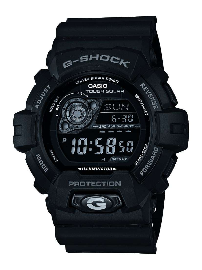 Black men's digital alarm chronograph watch with solar and rugged protective case