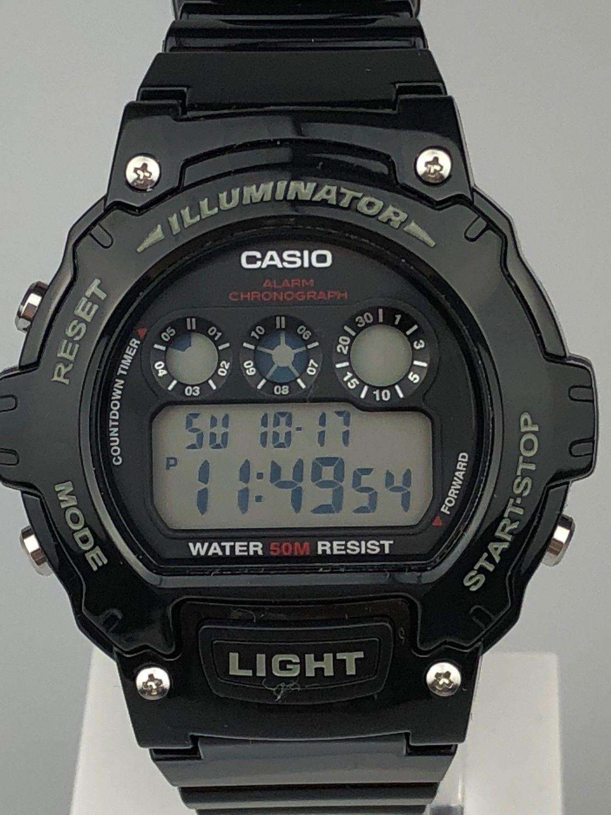 Casio men’s digital sport alarm chronograph watch front view, black case with LCD time readouts