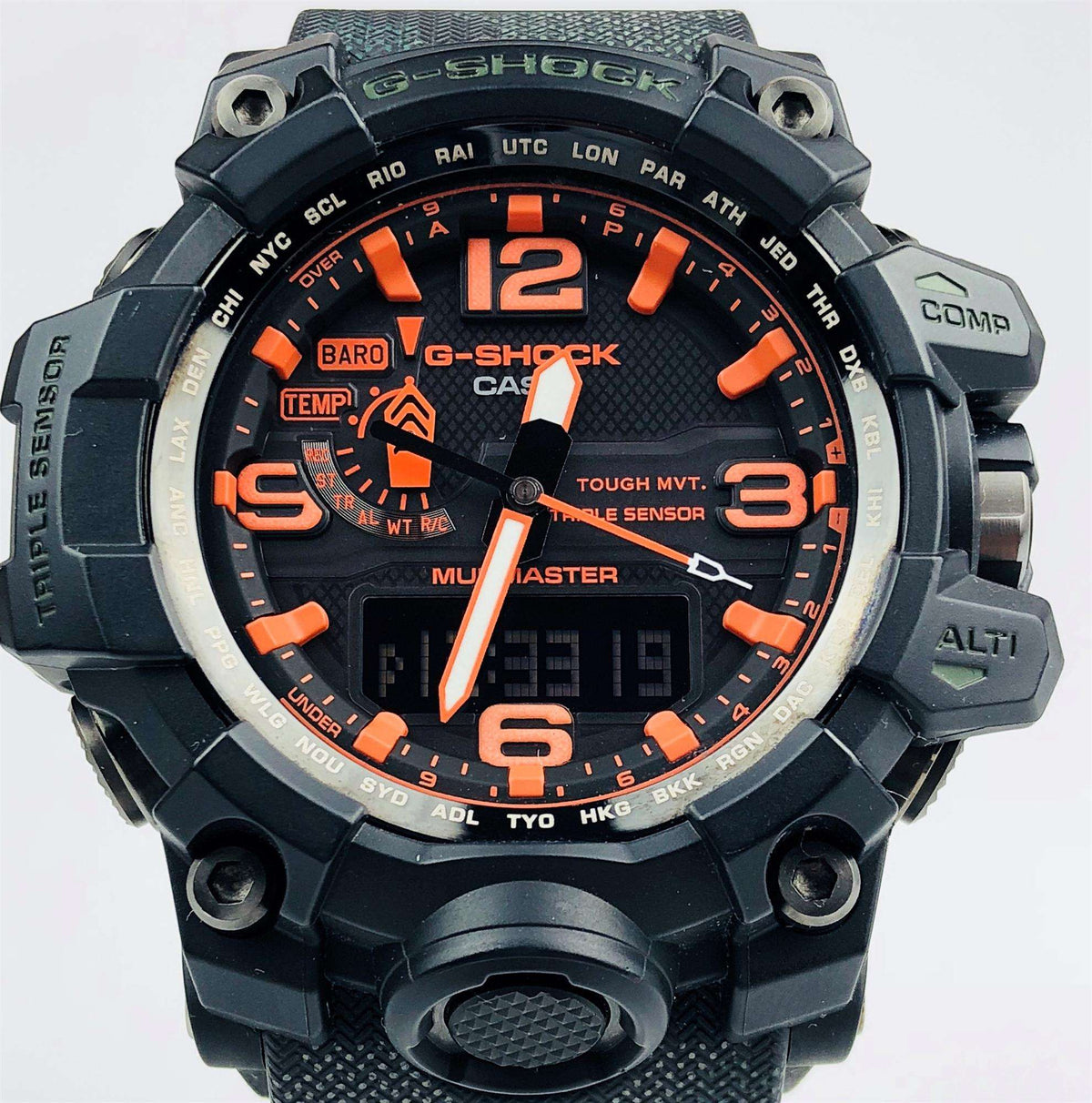 Black G-Shock Mudmaster watch with orange BARO markings and large numeral hands
