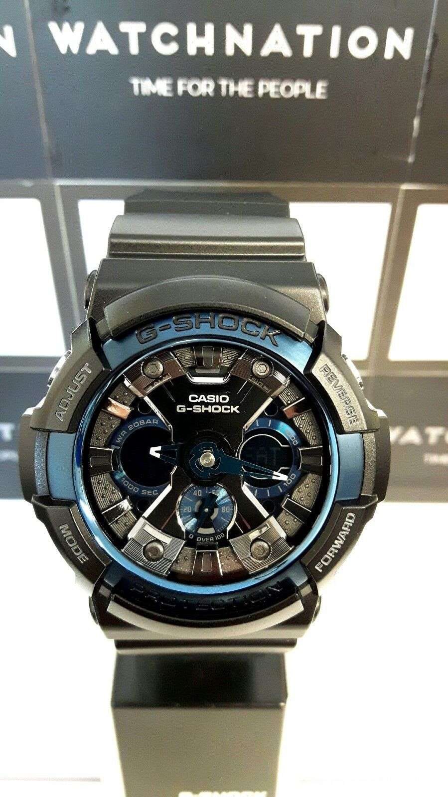Casio G-Shock men’s rugged watch with blue accents on black dial, black resin strap