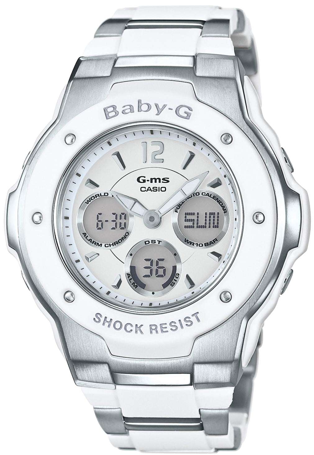 Casio Baby-G White Silver Ladies' Alarm Chronograph MSG-300C-7B3ER - WatchNation