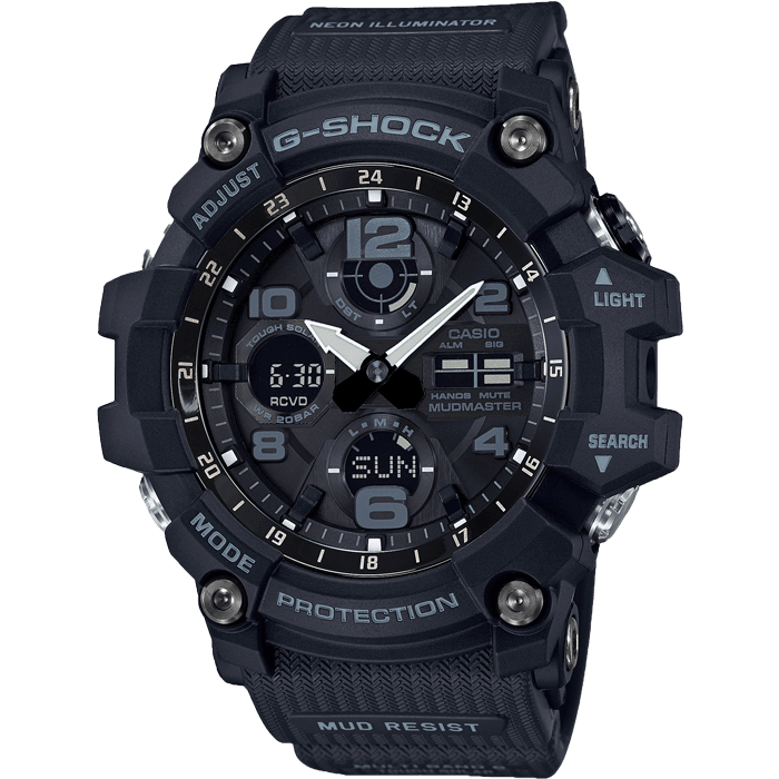 Casio G-Shock Mudmaster men's alarm chronograph watch, dark strap and rotating bezel buttons