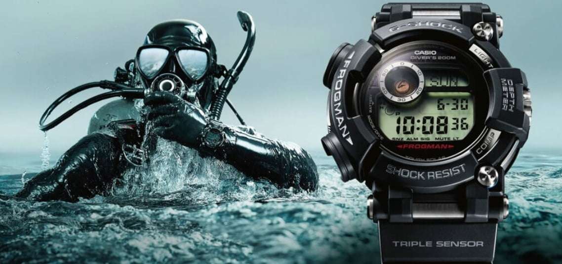 G-Shock Frogman dive watch with black resin strap and LCD time display