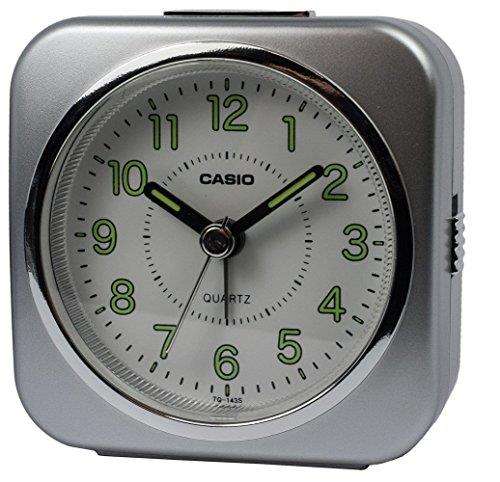 Casio analog alarm clock, gray case with white dial and green numbers, quartz