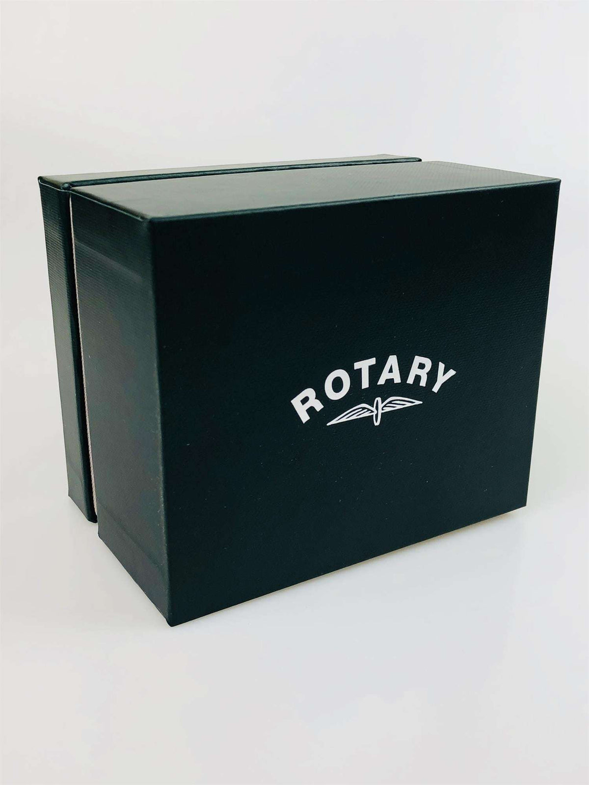 Rotary watch gift box with brand logo on dark green/black cover