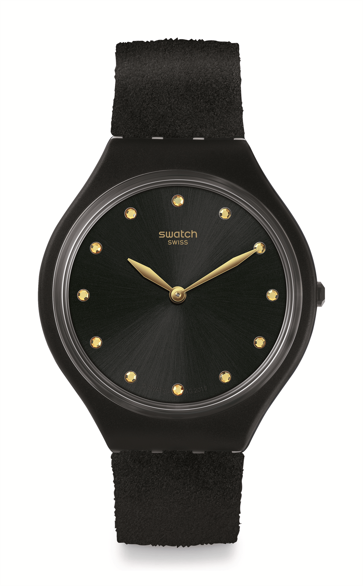 Black leather strap ladies watch with black dial, gold markers and hour/minute hands