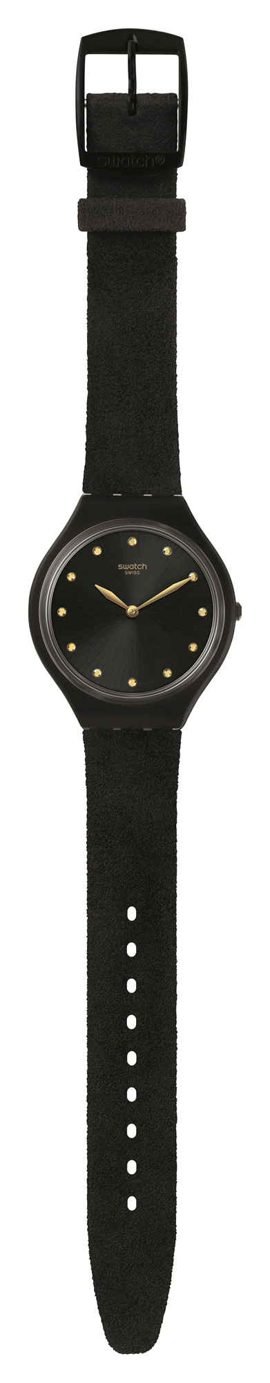 Black leather strap watch, black case with gold dot markers; strap with buckle holes