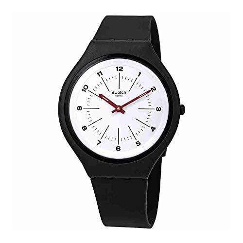 Black silicone strap wristwatch with black case, white dial, red hands