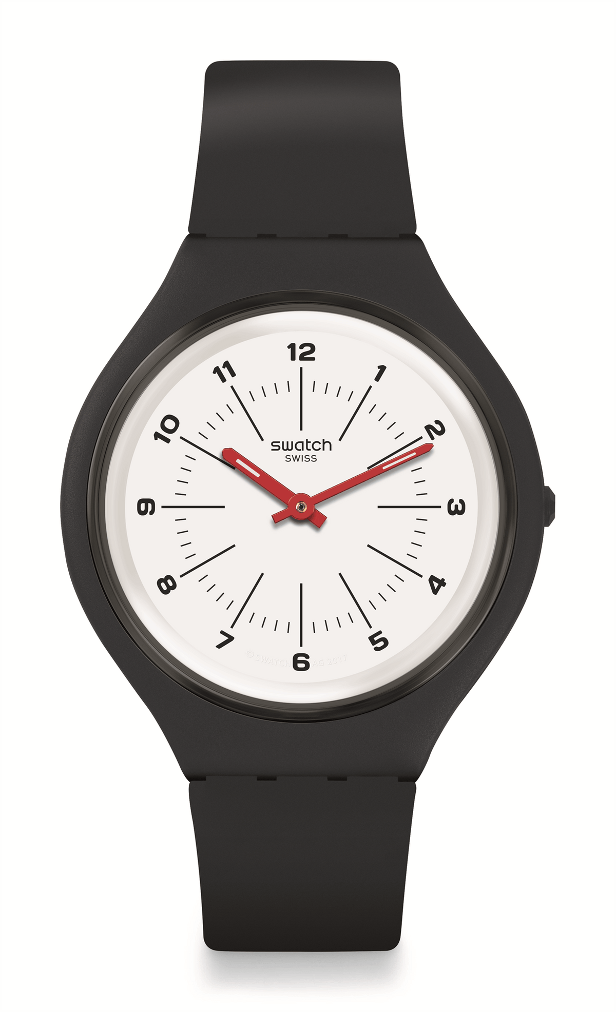 Black silicone strap wristwatch with white dial, red hands, and black bezel