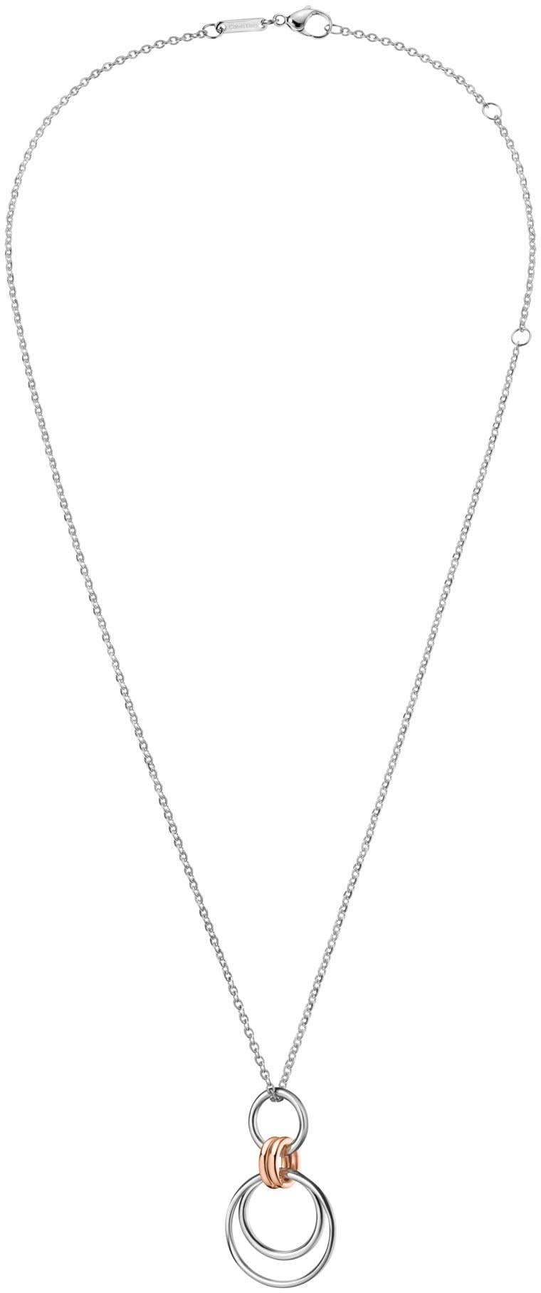 Calvin Klein two-tone stainless steel ladies necklace with double ring pendant, copper-tone and silver